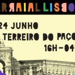 Um cartaz para a 24.ª edição do Arraial Lisboa Pride, que celebra o Orgulho LGBT, a ter lugar no Terreiro do Paço no dia 24 de junho, das 16h às 04h. O cartaz apresenta pingos de tinta colorida e estátuas de cavaleiros.