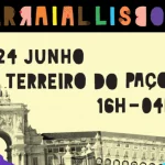 Um cartaz para a 24.ª edição do Arraial Lisboa Pride, que celebra o Orgulho LGBT, a ter lugar no Terreiro do Paço no dia 24 de junho, das 16h às 04h. O cartaz apresenta pingos de tinta colorida e estátuas de cavaleiros.
