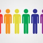 Seis figuras em formato de palito, em tons crescentes de vermelho, laranja, amarelo, verde, azul e roxo, estão alinhadas contra um fundo simples, muito semelhantes à diversidade vibrante que se pode encontrar numa viagem colorida ao Dubai.