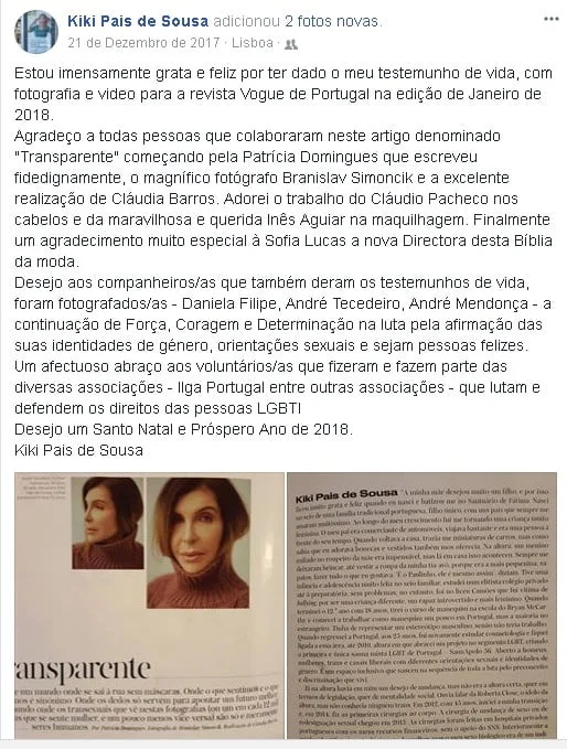 O entusiasmo e gratidão de Kiki na sua página pessoal do Facebook.
