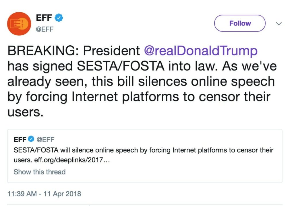"Electronic Frontier Foundation" contra a SESTA-FOSTA, por uma Internet em prol da Liberdade de expressão