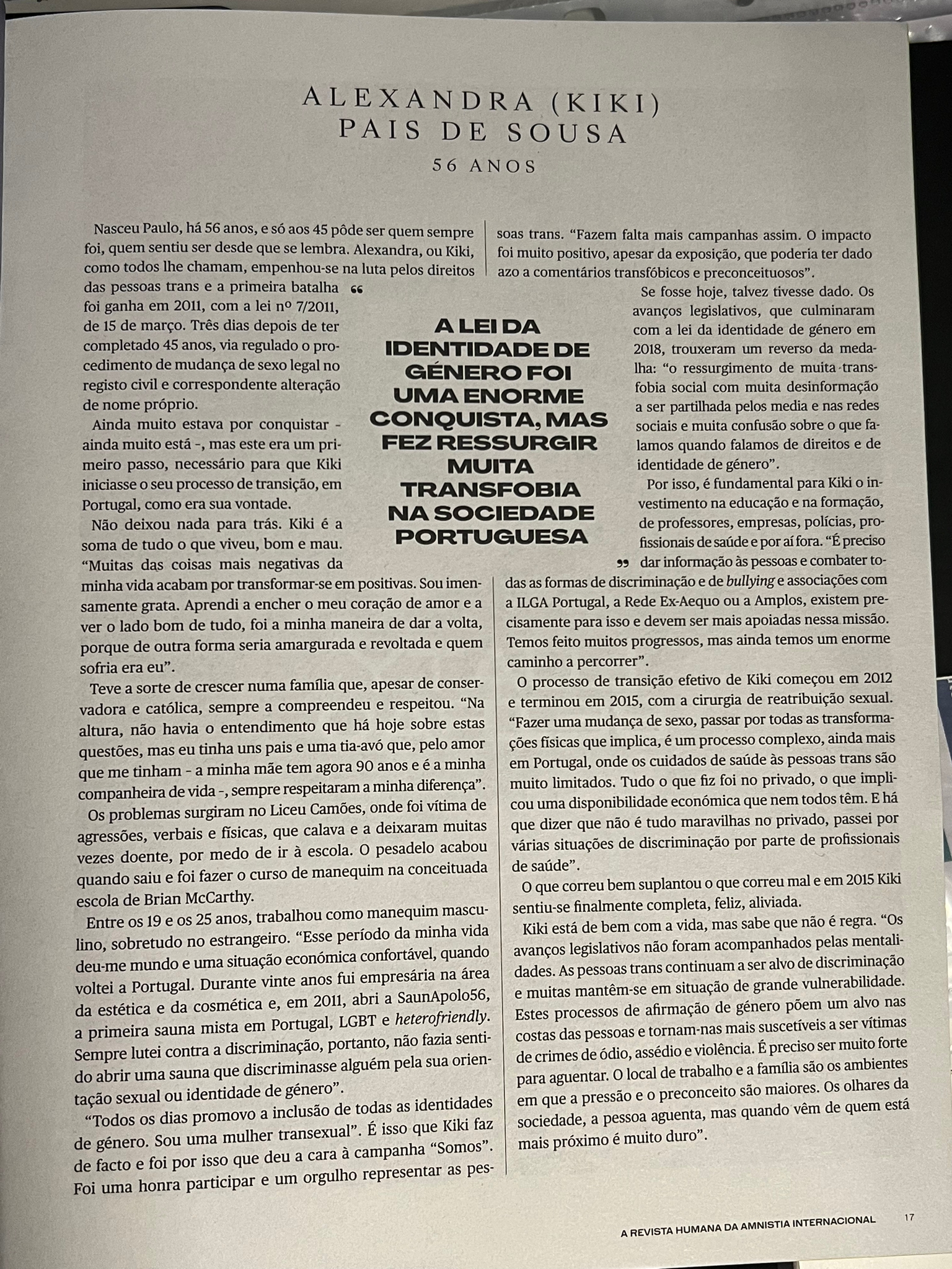 Reportagem sobre Kiki Pais de Sousa na revista "Humanista" da Amnistia Internacional