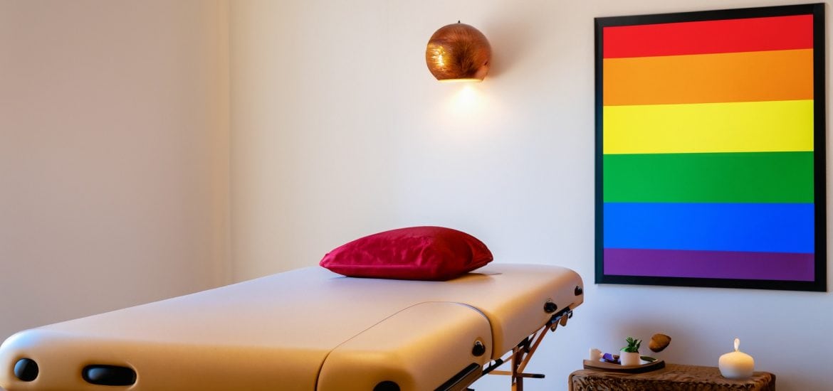 Imagem de uma sala de massagem com quadro LGBTI na parede e uma mesa de massagem pronta para receber um cliente.
