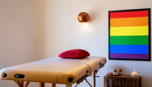 Imagem de uma sala de massagem com quadro LGBTI na parede e uma mesa de massagem pronta para receber um cliente.