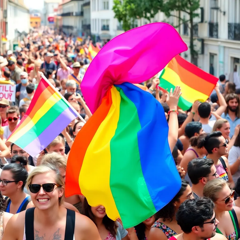 Uma multidão de pessoas marcha numa rua, segurando bandeiras arco-íris e cartazes, a celebrar um evento de orgulho. Uma multidão de pessoas marcha numa rua, segurando bandeiras arco-íris e cartazes, a celebrar um evento de orgulho.