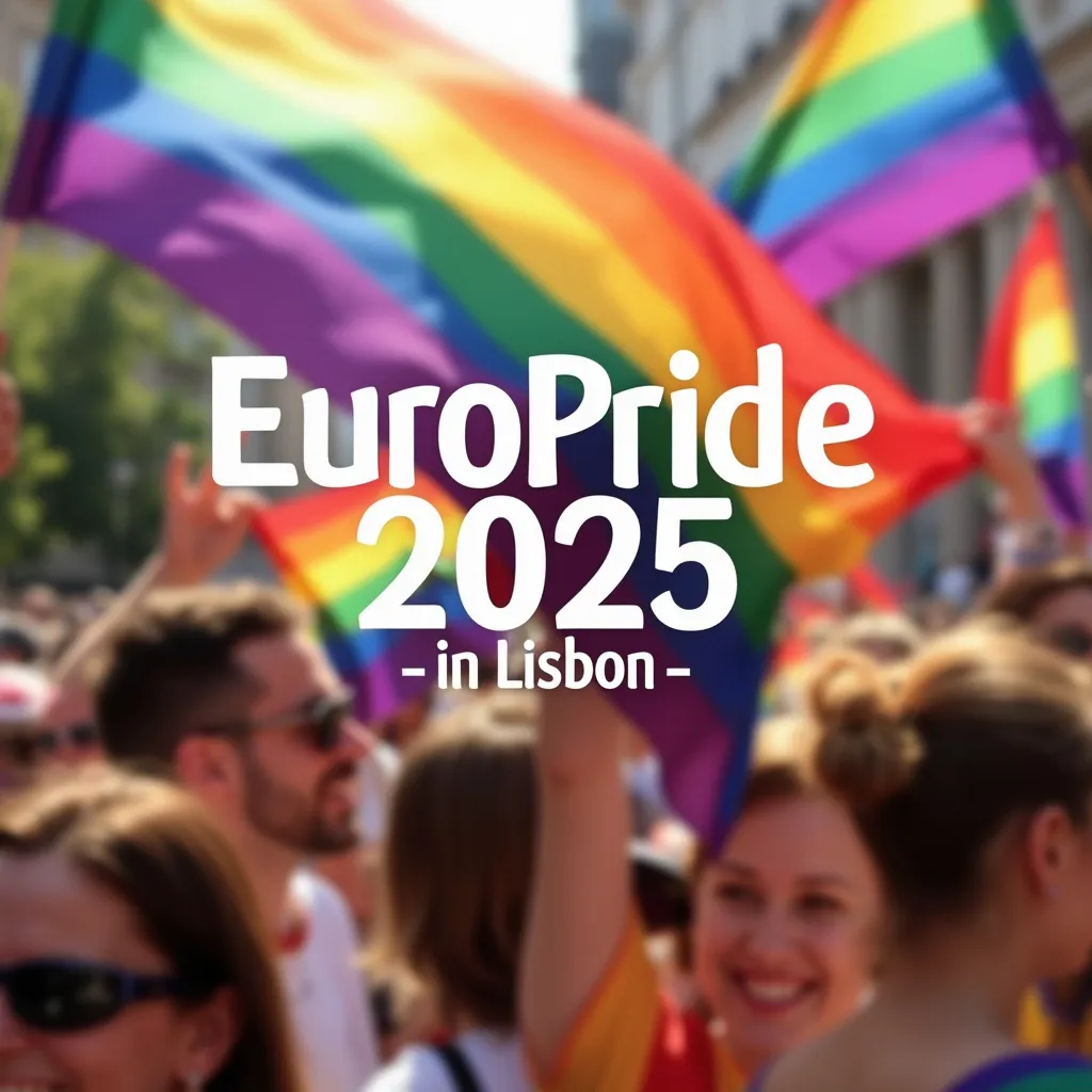 Pessoas acenar com bandeiras arco-íris num desfile, com "EuroPride 2025 em Lisboa" escrito sobre a imagem. Pessoas acenar com bandeiras arco-íris num desfile, com "EuroPride 2025 em Lisboa" escrito sobre a imagem.