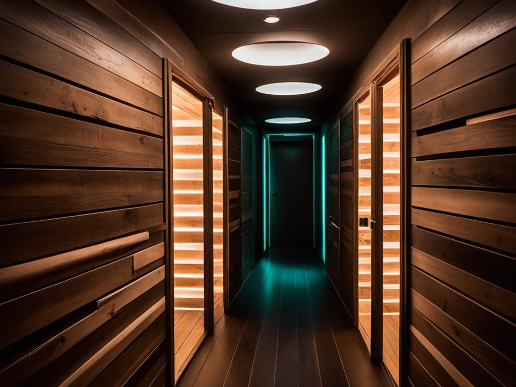 Um corredor moderno e tenuemente iluminado, numa sofisticada sauna gay.