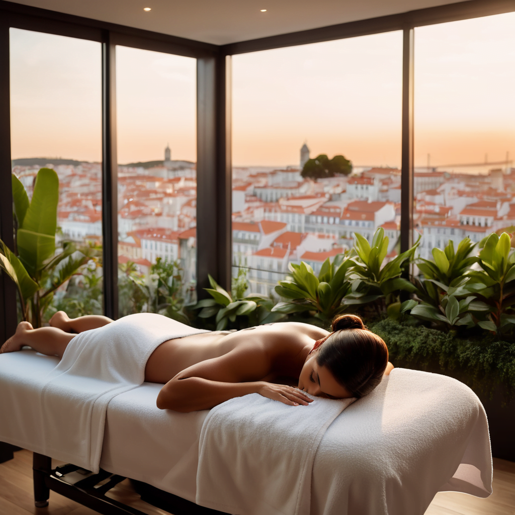 Massagens em Lisboa, turismo e prazer na capital de Portugal Massagem relaxante em Lisboa - Uma mulher está deitada numa mesa de massagem, coberta com toalhas brancas, num spa com grandes janelas que oferecem uma vista panorâmica da cidade ao pôr do sol.