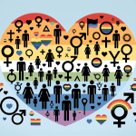 Um coração utilizado com diversos símbolos de gênero e ícones de pessoas, apresentados em núcleos do arco-íris, representando a diversidade e inclusividade LGBTQ+.