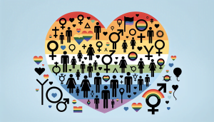 Um coração utilizado com diversos símbolos de gênero e ícones de pessoas, apresentados em núcleos do arco-íris, representando a diversidade e inclusividade LGBTQ+.