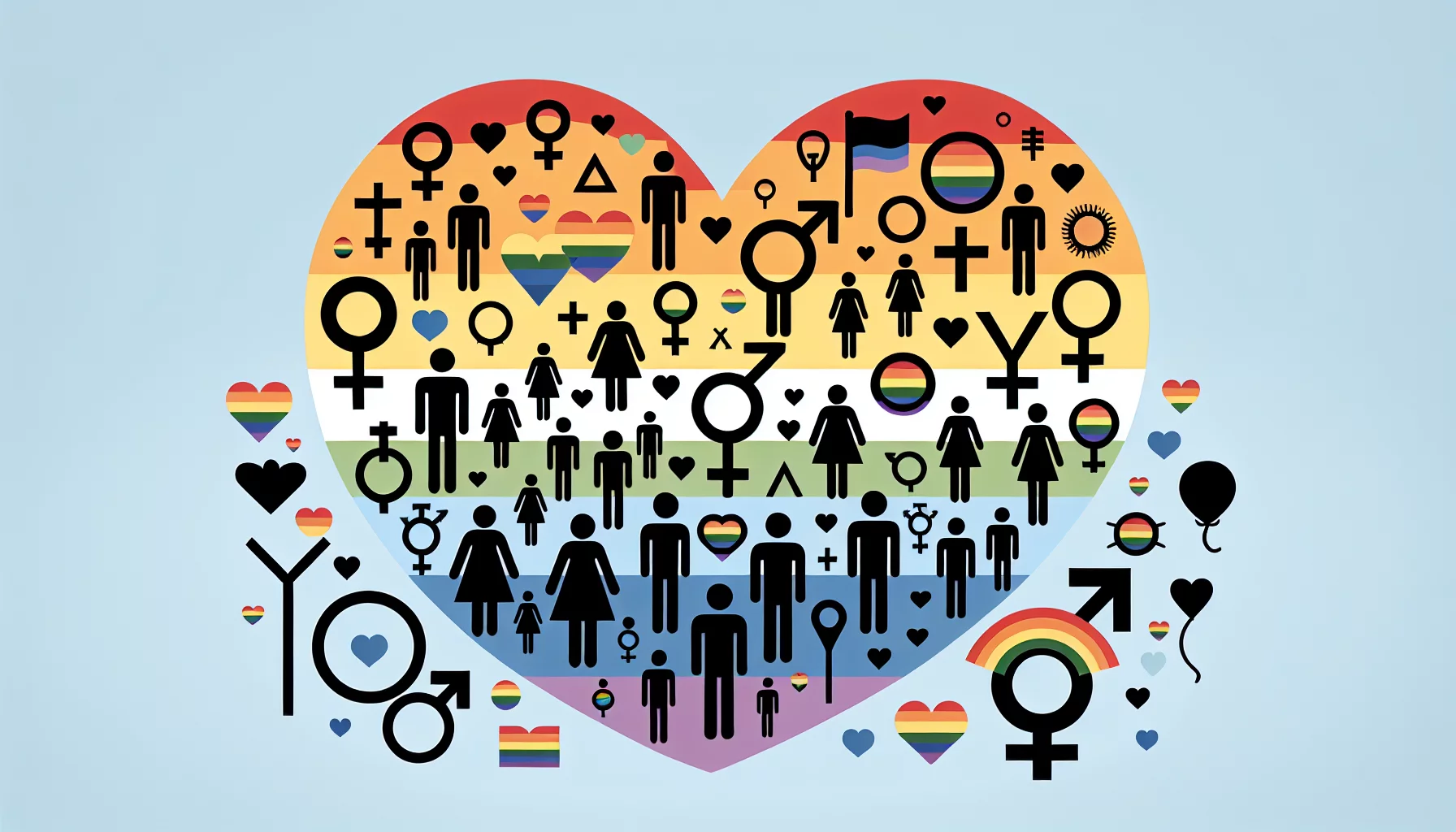Um coração utilizado com diversos símbolos de gênero e ícones de pessoas, apresentados em núcleos do arco-íris, representando a diversidade e inclusividade LGBTQ+.