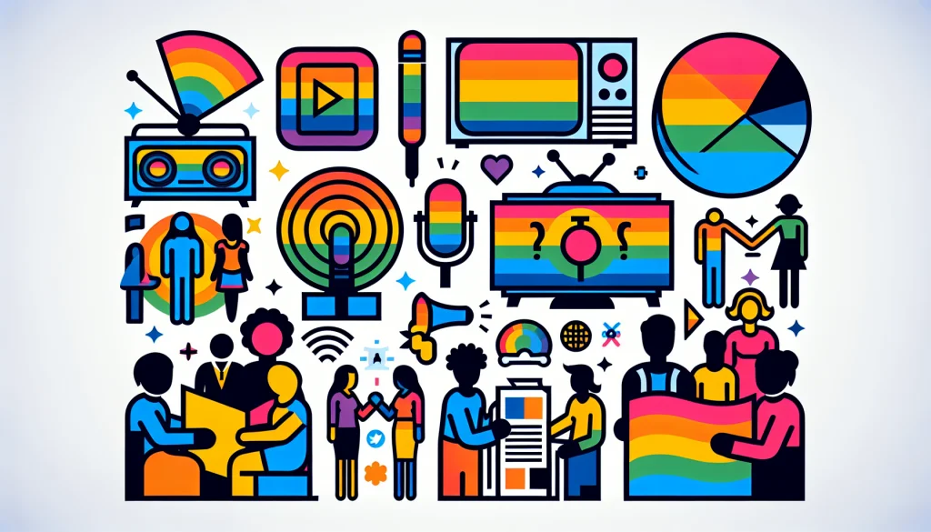 Uma ilustração colorida que retrata vários símbolos de media e comunicação, incluindo rádios, microfones, televisões e pessoas que seguram bandeiras arco-íris. Um apoio ao projecto LGBTI