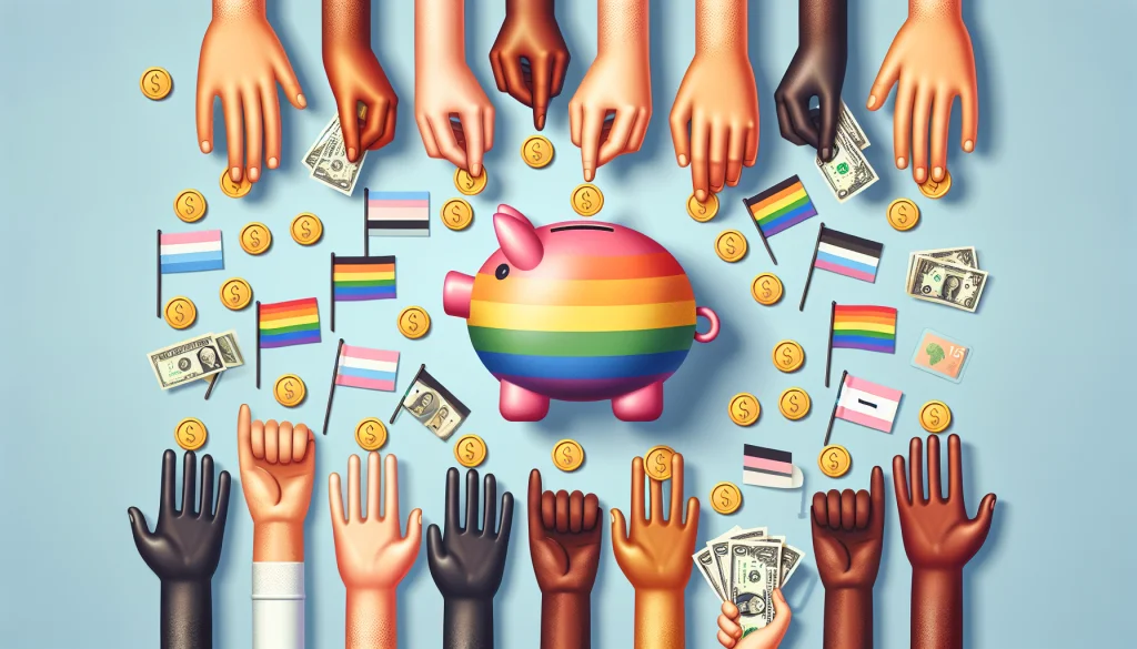 Um mealheiro cores LGBTI é rodeado por diversas mãos que seguram e oferecem dinheiro, moedas e bandeiras do orgulho, simbolizando apoio financeiro a causas LGBTQ+.
