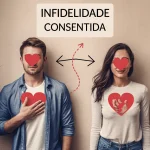 Um homem e uma mulher de pé com ícones de coração sobre seus rostos. Setas apontam entre eles, estabelecendo uma ligação. O texto acima deles diz "INFIDELIDADE CONSENTIDA" ("INFIDELIDADE COM CONSENTIMENTO").