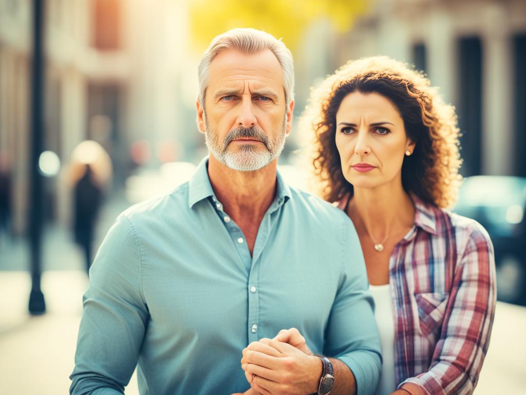 Um homem mais velho, com cabelo grisalho e barba, está ao lado de uma mulher com cabelo encaracolado. Ambos têm um ar sério e vestem roupas casuais. Estamos ao ar livre num dia ensolarado, com um cenário urbano em segundo plano, possivelmente a lidar com seu complexo relacionamento aberto. Um homem mais velho, com cabelo grisalho e barba, está ao lado de uma mulher com cabelo encaracolado. Ambos têm um ar sério e vestem roupas casuais. Estamos ao ar livre num dia ensolarado, com um cenário urbano em segundo plano, possivelmente a lidar com seu complexo relacionamento aberto.