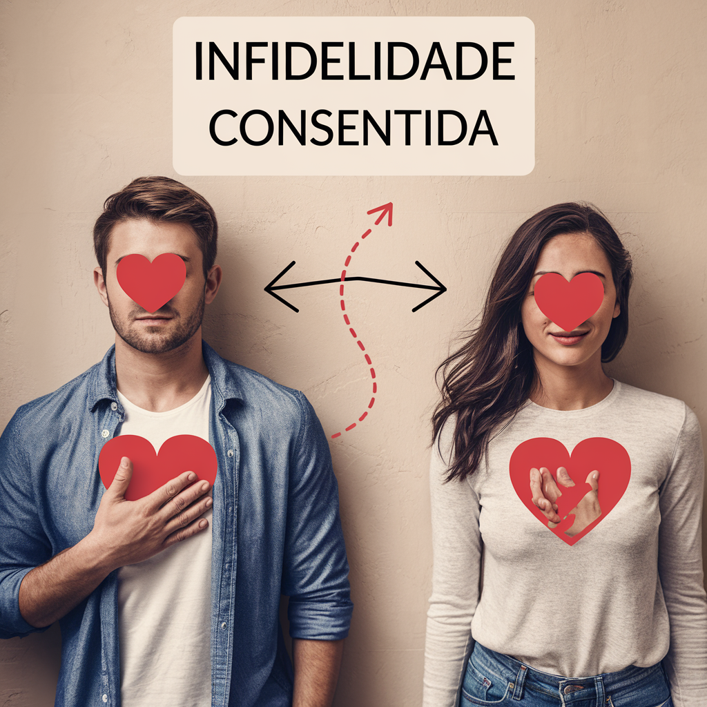 Um homem e uma mulher de pé com ícones de coração sobre seus rostos. Setas apontam entre eles, estabelecendo uma ligação. O texto acima deles diz "INFIDELIDADE CONSENTIDA" ("INFIDELIDADE COM CONSENTIMENTO").