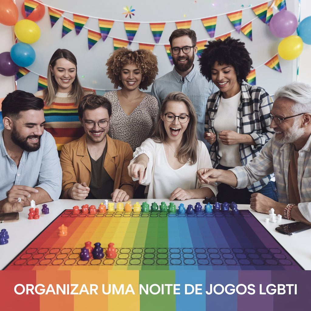 Um grupo de pessoas reuniu-se em torno de um jogo de tabuleiro multicolorido, com bandeiras do orgulho e decorações festivas ao fundo. O texto diz: "Organize uma noite de jogos LGBTI.