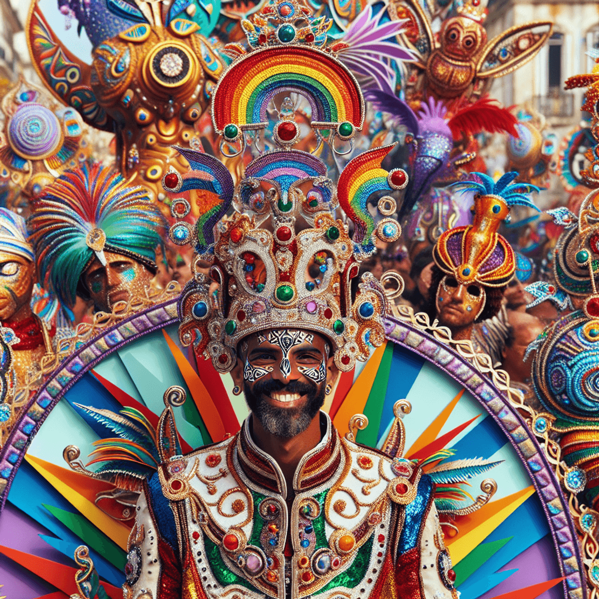 Um vibrante e colorido desfile do Orgulho em Lisboa, com uma multidão diversificada de indivíduos de várias origens, incluindo participantes caucasian