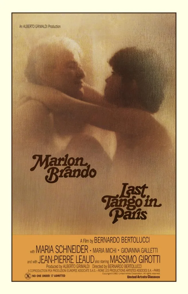 Cartaz de "O Último Tango em Paris", apresentando duas pessoas frente a frente, com o texto a listar Marlon Brando e Bernardo Bertolucci.