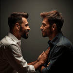 Dois homens com barbas estão muito próximos, virados um para o outro e a sorrir calorosamente, num ambiente de pouca luz, personificando a cordialidade entre heterossexuais e homossexuais.