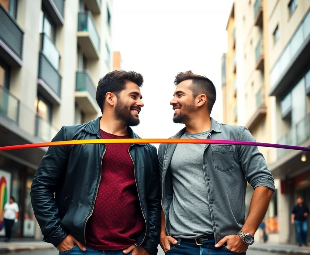 Duas pessoas a sorrirem uma para a outra, de pé numa rua da cidade, com uma fita colorida entre elas. Duas pessoas a sorrirem uma para a outra, de pé numa rua da cidade, com uma fita colorida entre elas.