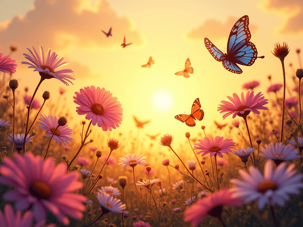 Borboletas dançam sobre um campo de margaridas cor-de-rosa ao pôr-do-sol, sob um céu dourado onde nuvens dispersas ecoam a beleza das relações abertas. Borboletas dançam sobre um campo de margaridas cor-de-rosa ao pôr-do-sol, sob um céu dourado onde nuvens dispersas ecoam a beleza das relações abertas.