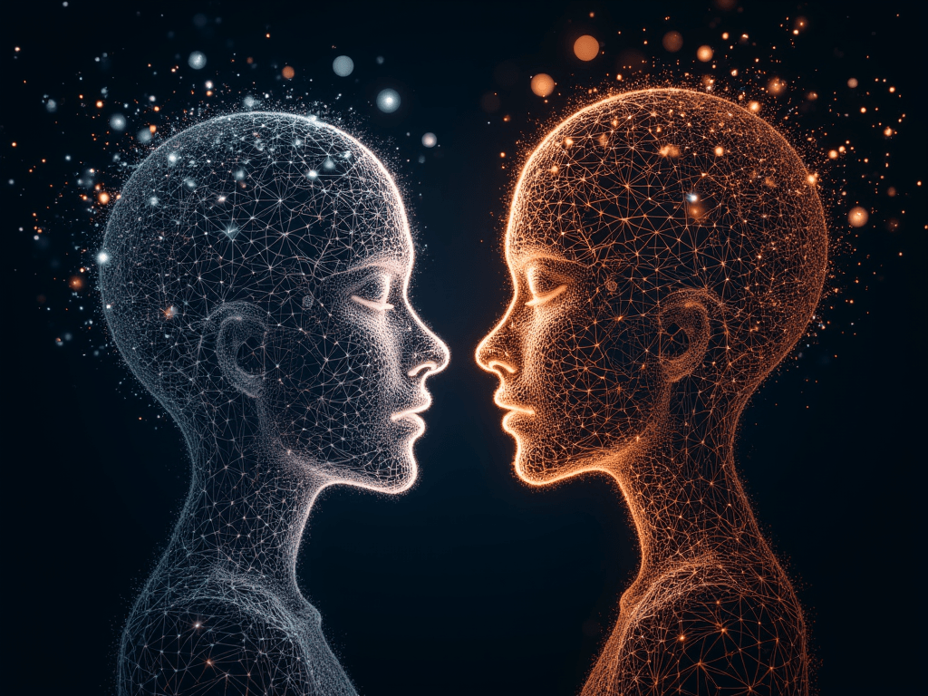 Num espaço escuro, duas faces digitais contidas por linhas e pontos interligados, uma azul e outra laranja, confrontam-se. Pequenos elementos circundam-nas, simbolizando a natureza dinâmica de uma relação aberta. Num espaço escuro, duas faces digitais contidas por linhas e pontos interligados, uma azul e outra laranja, confrontam-se. Pequenos elementos circundam-nas, simbolizando a natureza dinâmica de uma relação aberta.