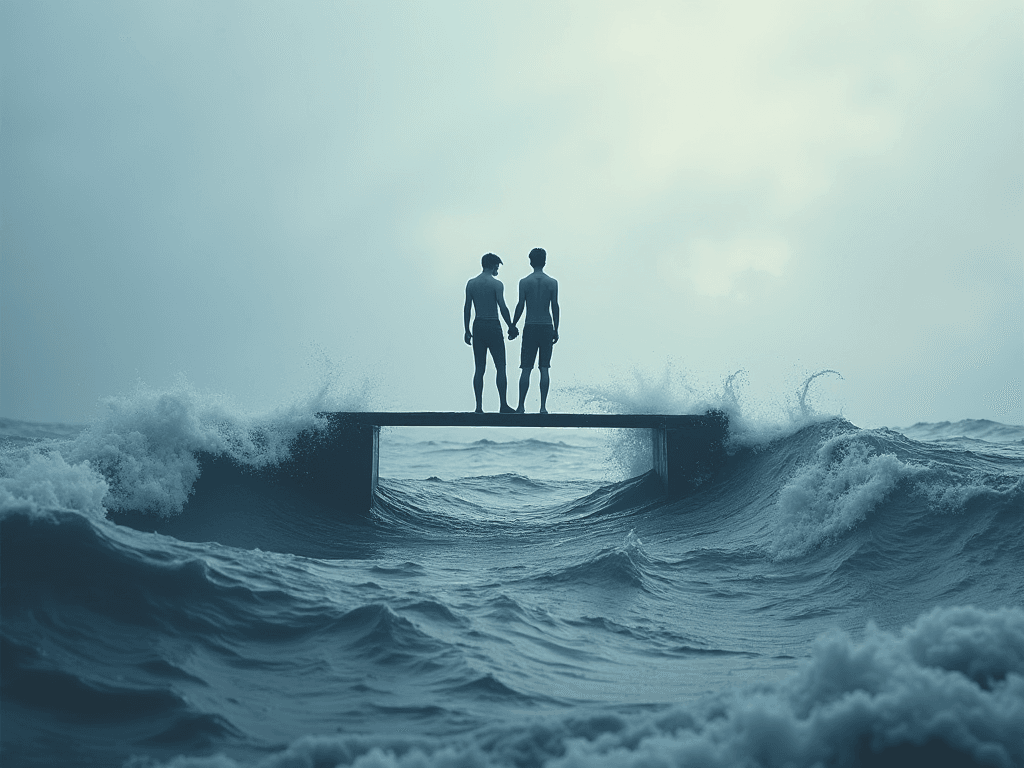 Duas pessoas abraçam-se num cais, de mãos dadas, com as ondas a quebrar à sua volta sob um céu nublado; a sua relação aberta revela-se resiliente contra qualquer tempestade. Duas pessoas abraçam-se num cais, de mãos dadas, com as ondas a quebrar à sua volta sob um céu nublado; a sua relação aberta revela-se resiliente contra qualquer tempestade.