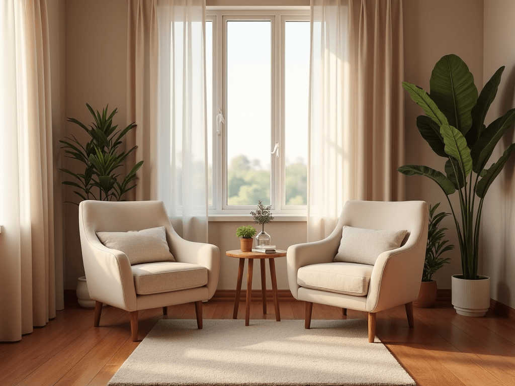 Duas poltronas bege estão viradas uma para a outra numa sala luminosa com uma janela, promovendo conversas íntimas sobre relações abertas. Uma pequena mesa de madeira entre elas sustenta uma planta, enquanto duas grandes plantas ladeiam as poltronas no chão de madeira. Duas poltronas bege estão viradas uma para a outra numa sala luminosa com uma janela, promovendo conversas íntimas sobre relações abertas. Uma pequena mesa de madeira entre elas sustenta uma planta, enquanto duas grandes plantas ladeiam as poltronas no chão de madeira.