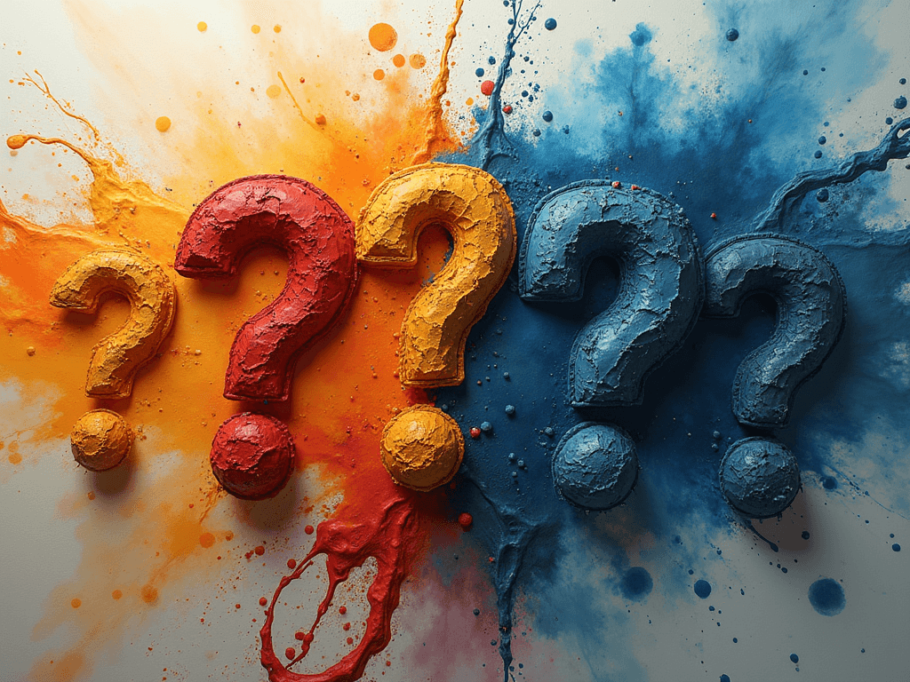 Três pontos de interrogação texturizados em vermelho, amarelo e azul estão salpicados com tinta correspondente sobre um fundo branco, simbolizando a complexidade colorida de um relacionamento aberto. Três pontos de interrogação texturizados em vermelho, amarelo e azul estão salpicados com tinta correspondente sobre um fundo branco, simbolizando a complexidade colorida de um relacionamento aberto.