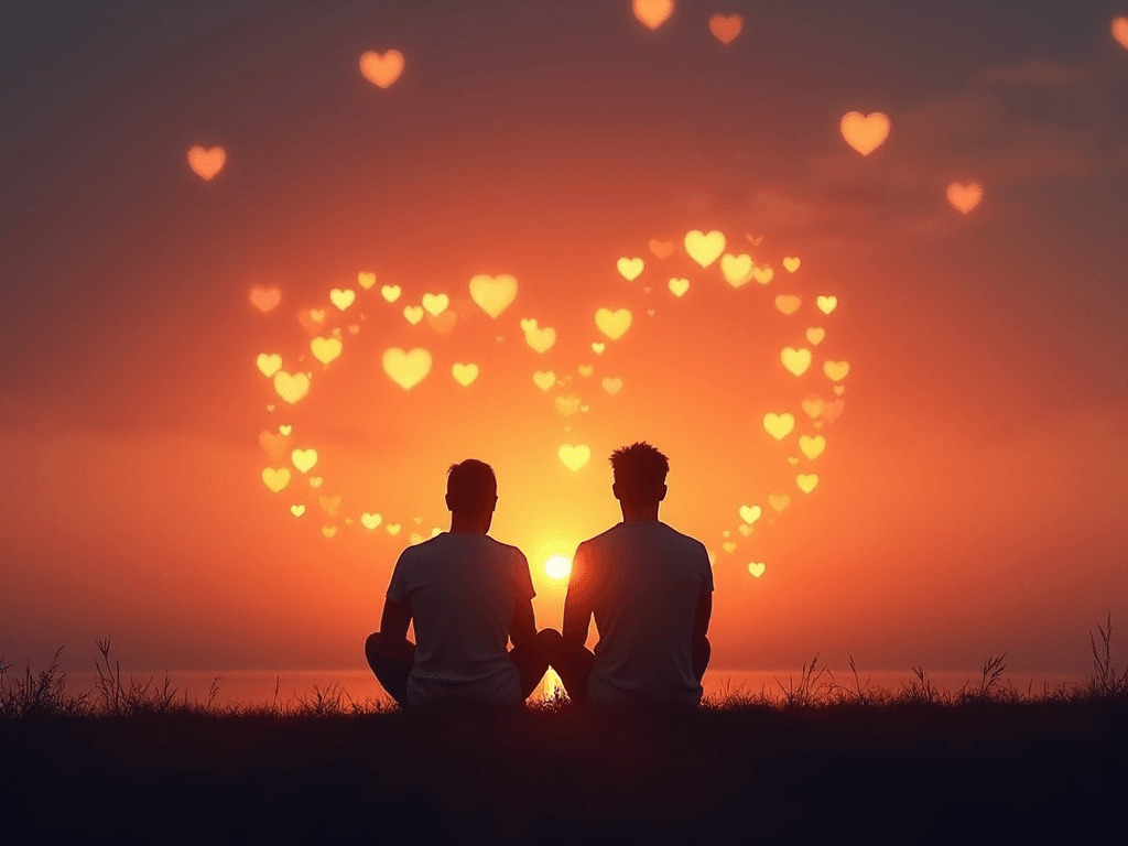Dois indivíduos sentam-se de frente para um pôr-do-sol, rodeados por luzes em forma de coração no céu, criando um padrão romântico. A sua conversa sobre explorar um relacionamento aberto acrescenta profundidade à serena cena de amor e compreensão. Dois indivíduos sentam-se de frente para um pôr-do-sol, rodeados por luzes em forma de coração no céu, criando um padrão romântico. A sua conversa sobre explorar um relacionamento aberto acrescenta profundidade à serena cena de amor e compreensão.