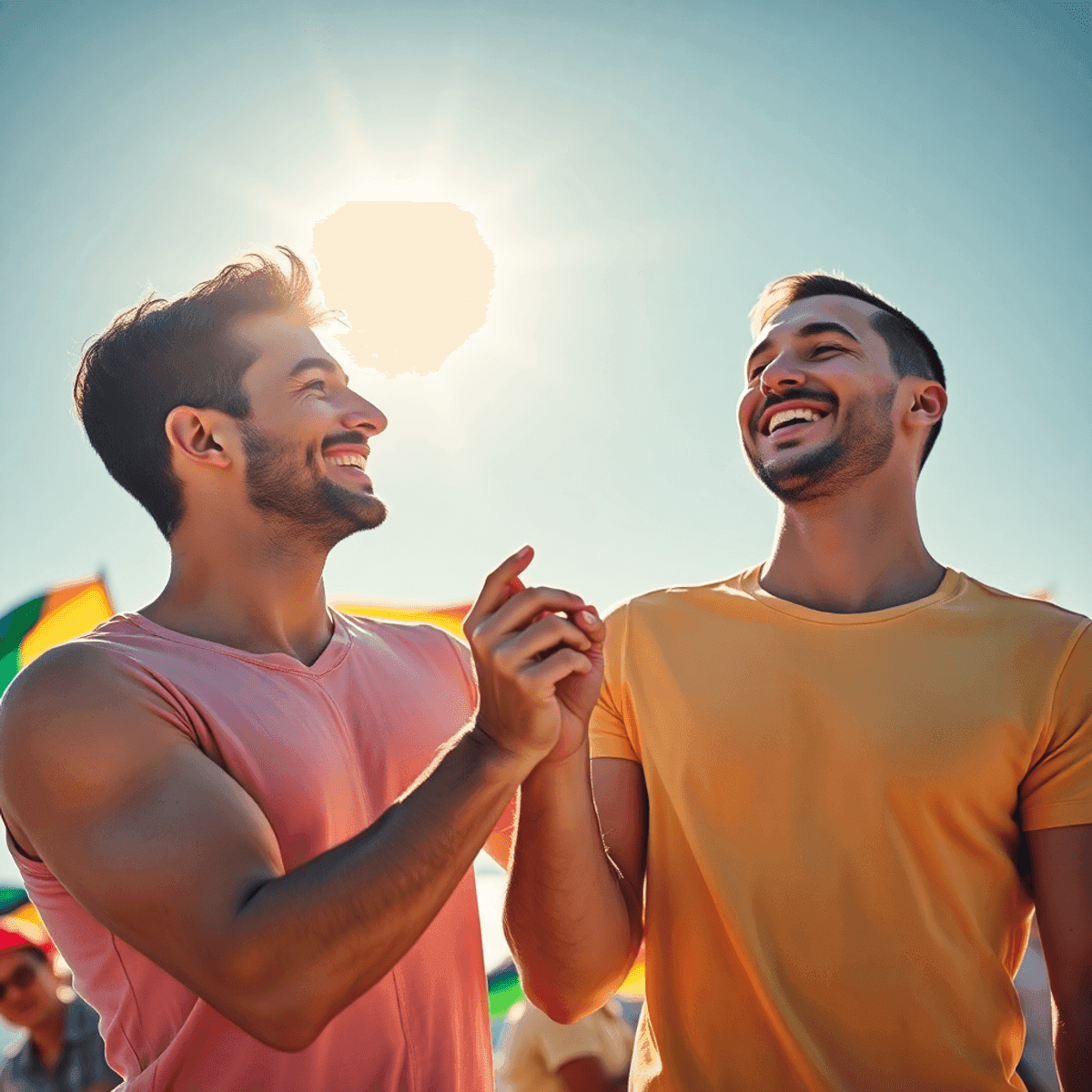 Um casal sorridente de mãos dadas em um ambiente ensolarado, cercado por elementos coloridos da comunidade LGBTQIA+, como bandeiras e grafites vibr...