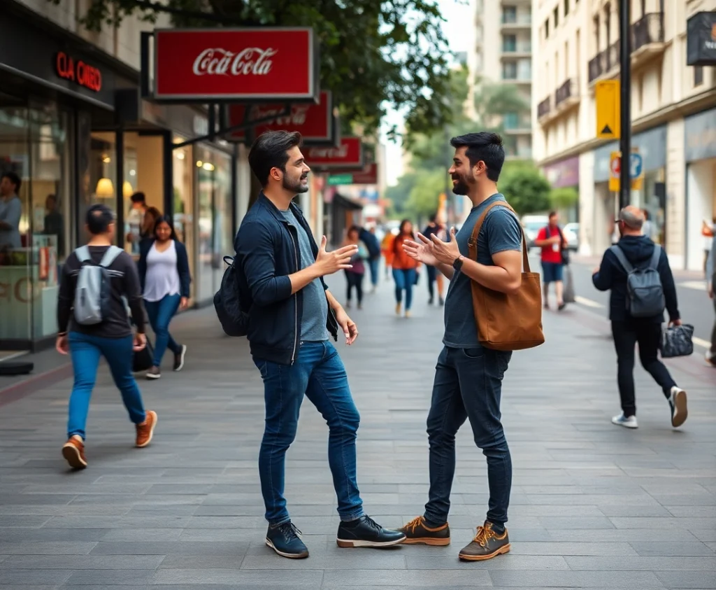 No meio da movimentação de rua da cidade, repleta de lojas, incluindo uma loja da Coca-Cola, dois homens conversam. Um deles recusa educadamente as investidas do outro com compreensão e respeito. Entretanto, as pessoas continuam a passar ao fundo. No meio da movimentação de rua da cidade, repleta de lojas, incluindo uma loja da Coca-Cola, dois homens conversam. Um deles recusa educadamente as investidas do outro com compreensão e respeito. Entretanto, as pessoas continuam a passar ao fundo.