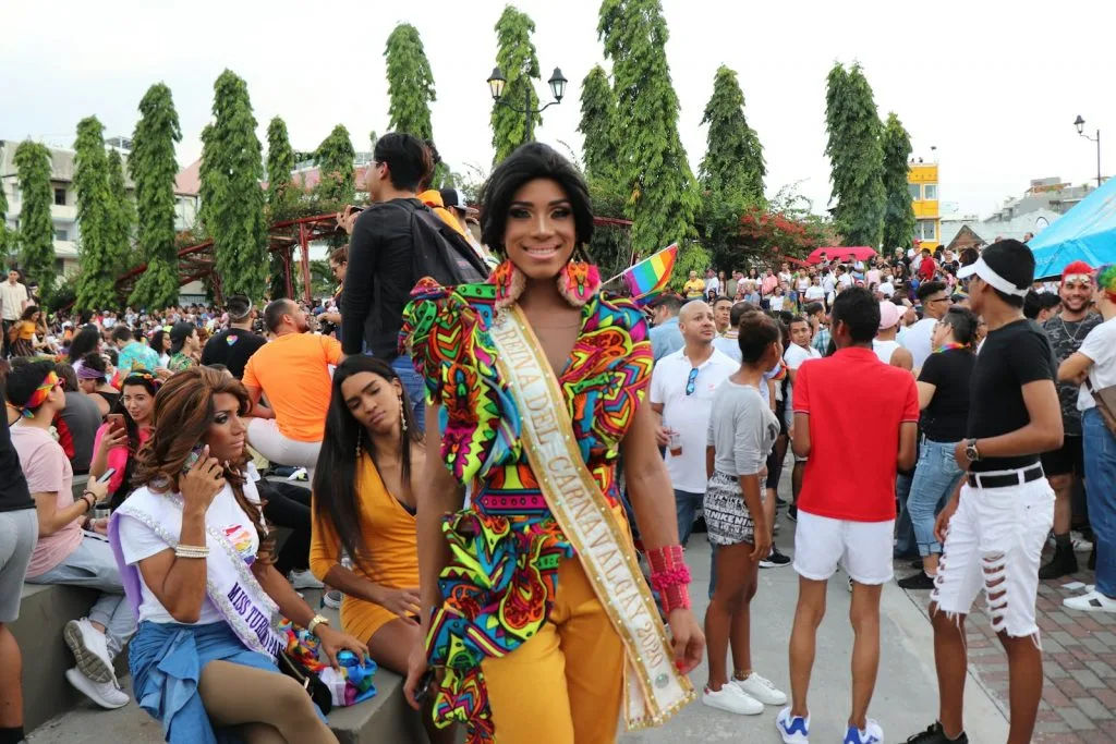 Uma pessoa LGBTI sorridente, usa um traje colorido e uma faixa, está no primeiro plano num evento parada LGBT ao ar livre cheio de gente, com muitas pessoas ao fundo.