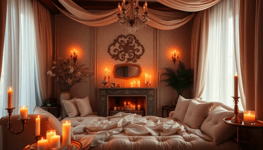 Um quarto acolhedor com uma cama grande, dossel drapeado e velas acesas cria o cenário ideal para explorar a sensualidade em casal. A decoração ornamentada, a iluminação quente e as cortinas suaves criam uma atmosfera convidativa repleta de erotismo.
