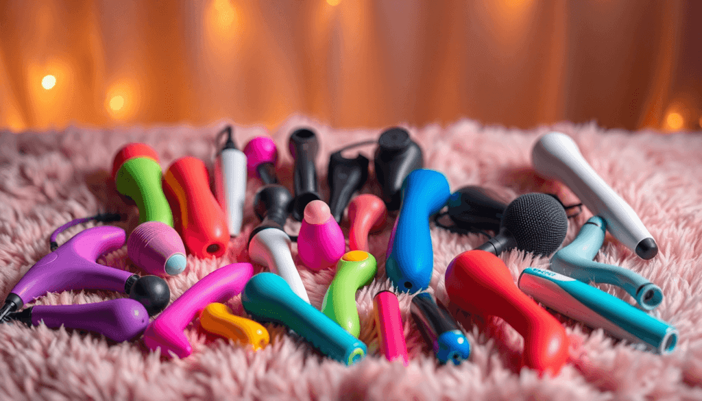 Uma variedade de massageadores pessoais coloridos e de várias formas encontra-se exposta sobre uma superfície rosa felpuda, tendo como pano de fundo luzes decorativas cor-de-laranja, convidando os casais a explorar a sensualidade em conjunto com um ar de erotismo lúdico. Uma variedade de massageadores pessoais coloridos e de várias formas encontra-se exposta sobre uma superfície rosa felpuda, tendo como pano de fundo luzes decorativas cor-de-laranja, convidando os casais a explorar a sensualidade em conjunto com um ar de erotismo lúdico.