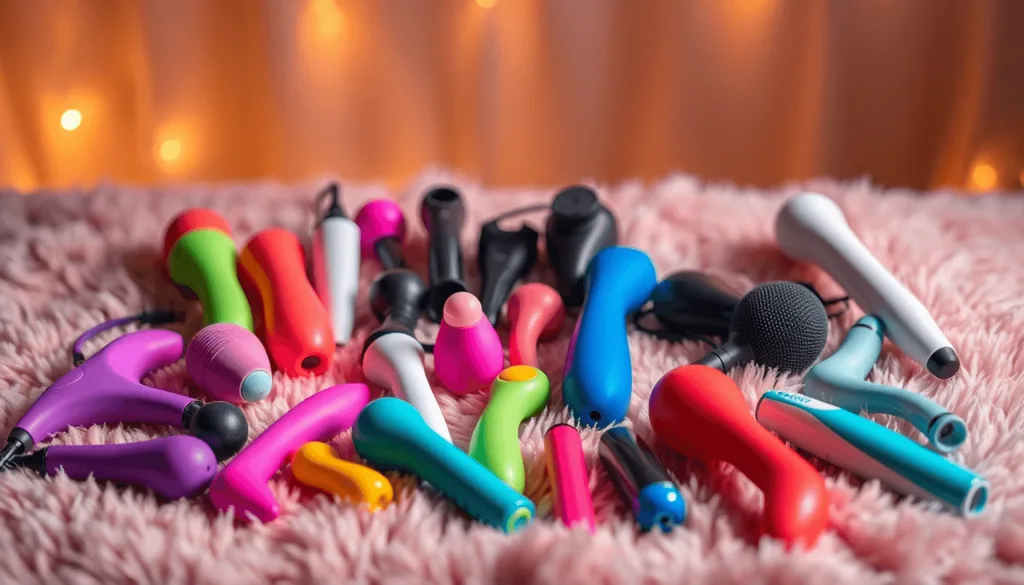 Uma variedade de massageadores pessoais coloridos e de várias formas encontra-se exposta sobre uma superfície rosa felpuda, tendo como pano de fundo luzes decorativas cor-de-laranja, convidando os casais a explorar a sensualidade em conjunto com um ar de erotismo lúdico.