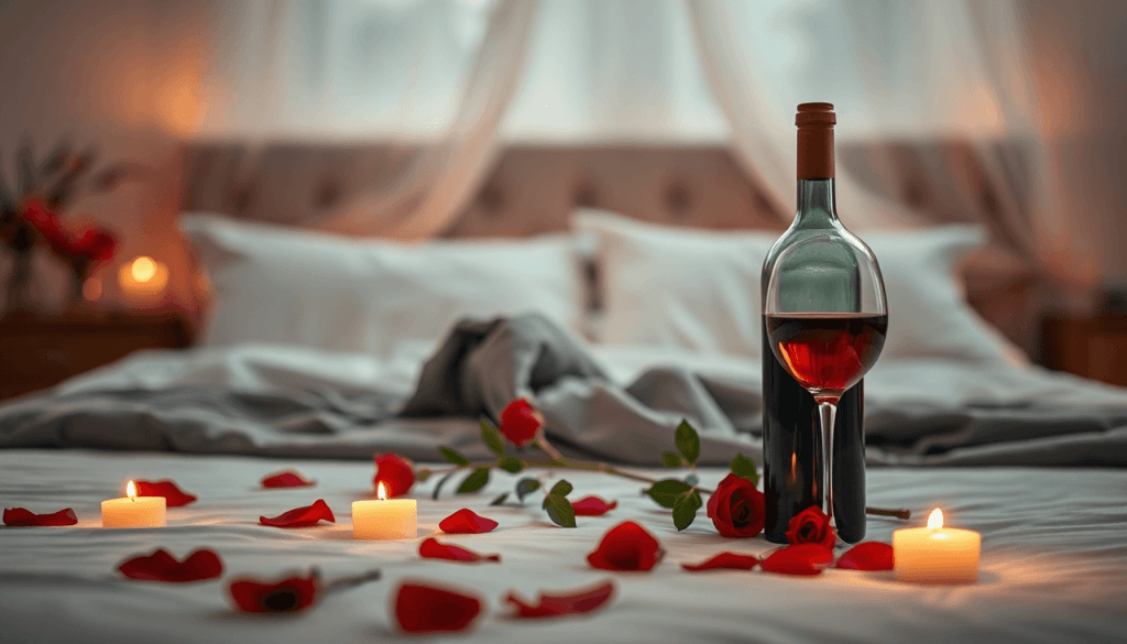 Uma garrafa de vinho tinto sobre uma cama, rodeada por velas acesas e atraente de rosa vermelha espalhada, convida a explorar a sensualidade em casal. Cortinas étéreas e diáfanas ao fundo acrescentam um ar de mistério e erotismo. Uma garrafa de vinho tinto sobre uma cama, rodeada por velas acesas e atraente de rosa vermelha espalhada, convida a explorar a sensualidade em casal. Cortinas étéreas e diáfanas ao fundo acrescentam um ar de mistério e erotismo.
