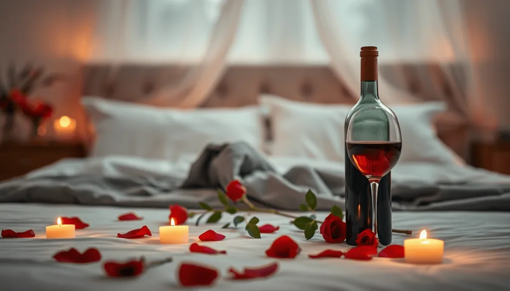 Uma garrafa de vinho tinto sobre uma cama, rodeada por velas acesas e atraente de rosa vermelha espalhada, convida a explorar a sensualidade em casal. Cortinas étéreas e diáfanas ao fundo acrescentam um ar de mistério e erotismo.