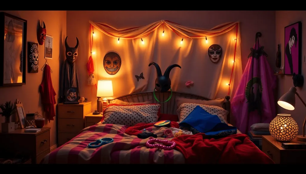 Um quarto acolhedor com uma cama coberta por mantas e almofadas coloridas convida à exploração da sensualidade, enquanto luzes quentes em cordão iluminam várias máscaras na parede. Uma mesa de cabeceira com um candeeiro e obras de arte emolduradas acrescenta um toque artístico, perfeito para cultivar a intimidade.