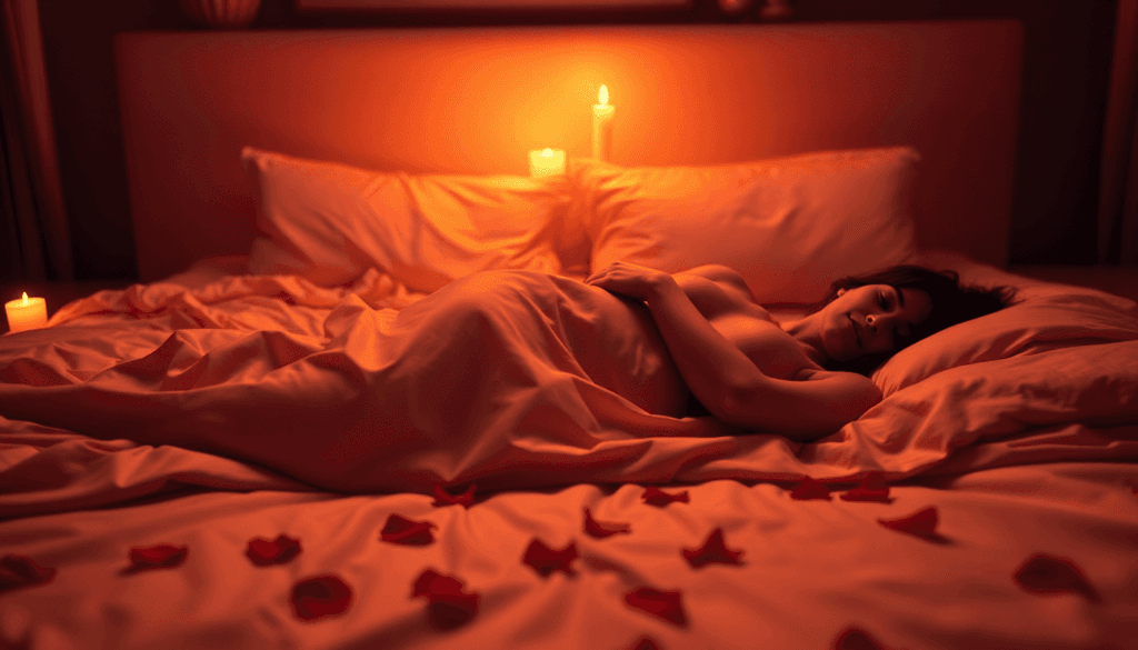 Uma pessoa jaz na cama sob um lençol, com velas sobre a cabeça e específicas de rosa espalhadas pela roupa de cama, iluminada por uma luz quente, criando uma atmosfera perfeita para explorar a sensualidade em casal. Uma pessoa jaz na cama sob um lençol, com velas sobre a cabeça e específicas de rosa espalhadas pela roupa de cama, iluminada por uma luz quente, criando uma atmosfera perfeita para explorar a sensualidade em casal.