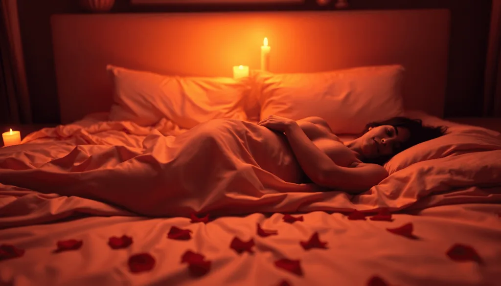 Uma pessoa jaz na cama sob um lençol, com velas sobre a cabeça e específicas de rosa espalhadas pela roupa de cama, iluminada por uma luz quente, criando uma atmosfera perfeita para explorar a sensualidade em casal.