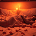 Uma pessoa jaz na cama sob um lençol, com velas sobre a cabeça e específicas de rosa espalhadas pela roupa de cama, iluminada por uma luz quente, criando uma atmosfera perfeita para explorar a sensualidade em casal.