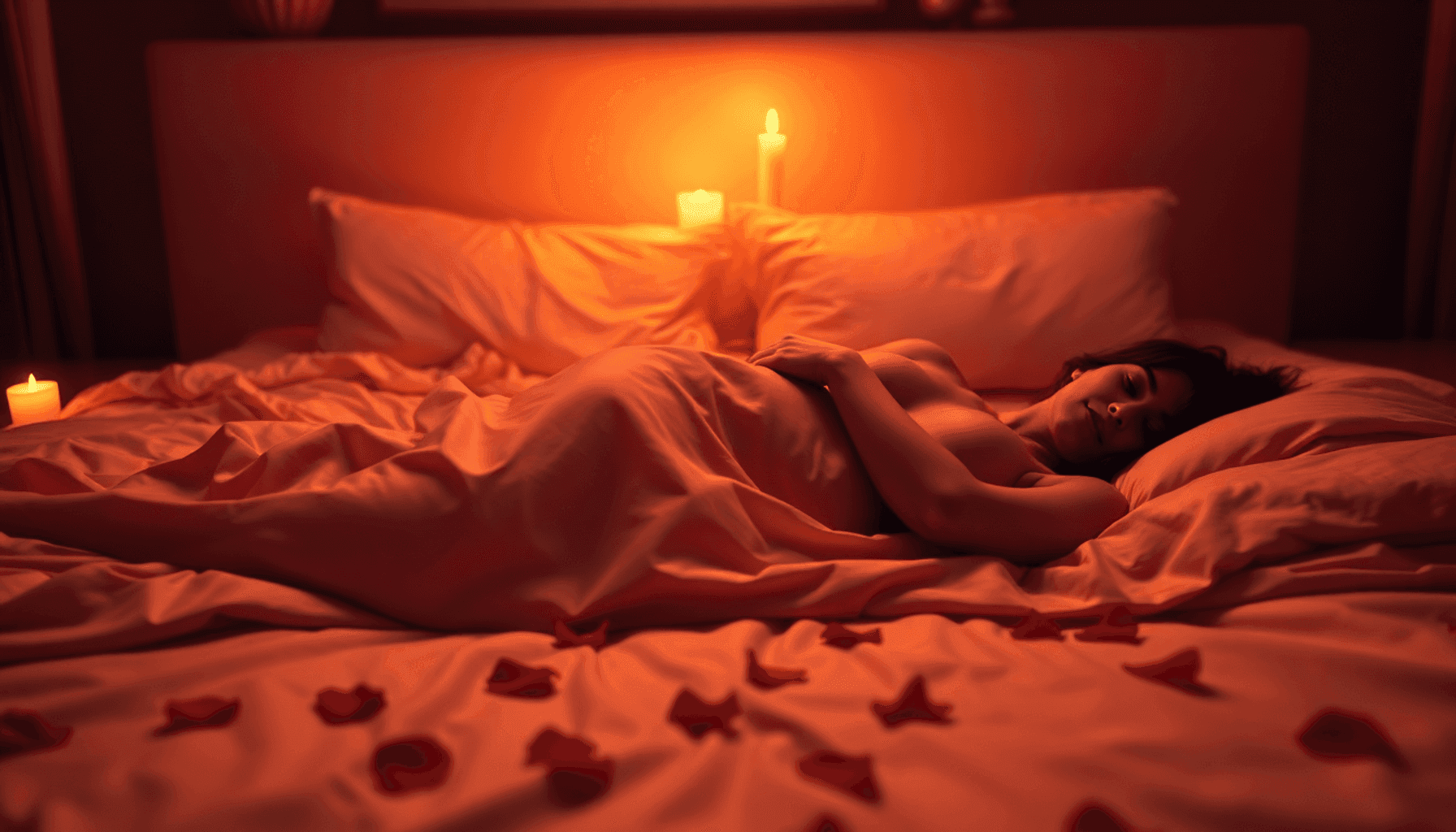 Uma pessoa jaz na cama sob um lençol, com velas sobre a cabeça e específicas de rosa espalhadas pela roupa de cama, iluminada por uma luz quente, criando uma atmosfera perfeita para explorar a sensualidade em casal.