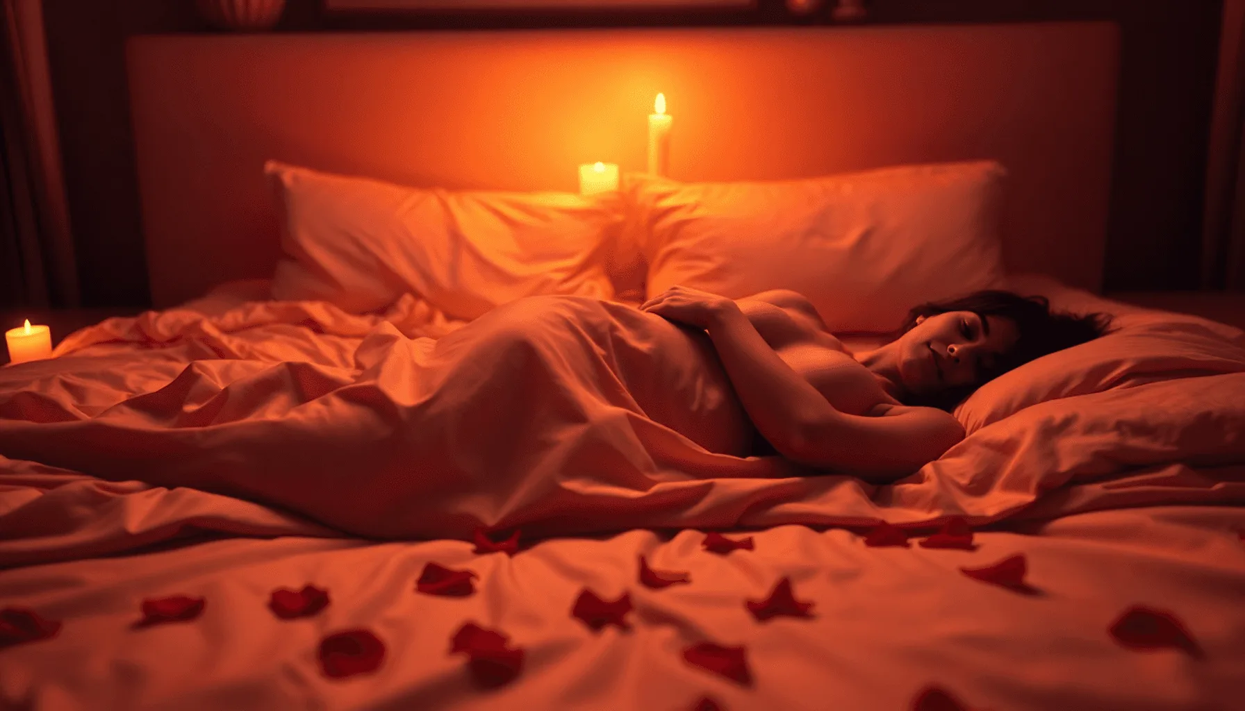 Uma pessoa jaz na cama sob um lençol, com velas sobre a cabeça e específicas de rosa espalhadas pela roupa de cama, iluminada por uma luz quente, criando uma atmosfera perfeita para explorar a sensualidade em casal.