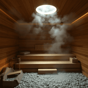 Sauna acolhedora com vapor suave e luz suave, rodeada de pedras e madeira, criando um ambiente relaxante e tranquilo.