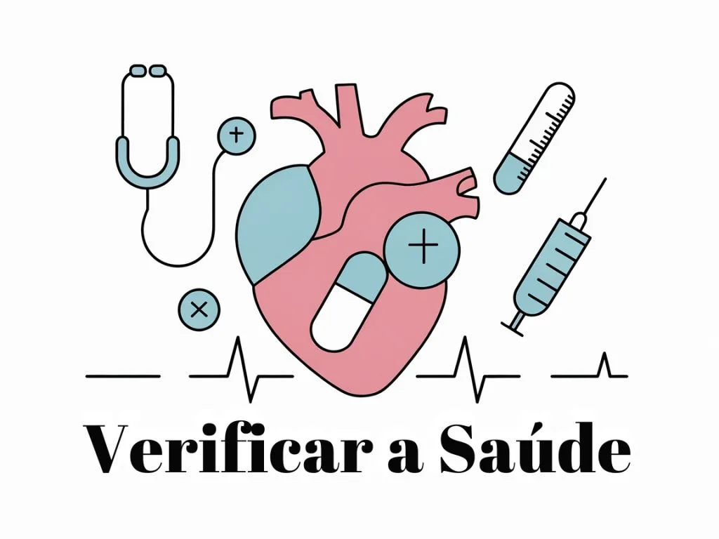 Ilustração de um coração com ícones médicos, incluindo um estetoscópio, seringa e comprimidos, acompanhado do texto "Verificar a Saúde", apresentando dicas de sauna para um bem-estar melhorado.