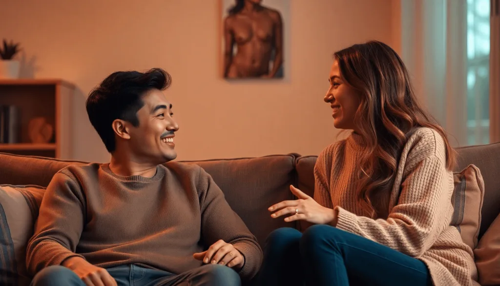Um homem e uma mulher estão sentados no sofá, sorrindo e conversando. A sala é iluminada de forma acolhedora, com um quadro na parede e uma planta ao fundo, criando uma atmosfera convidativa que os incentiva a explorar a sensualidade em casal.