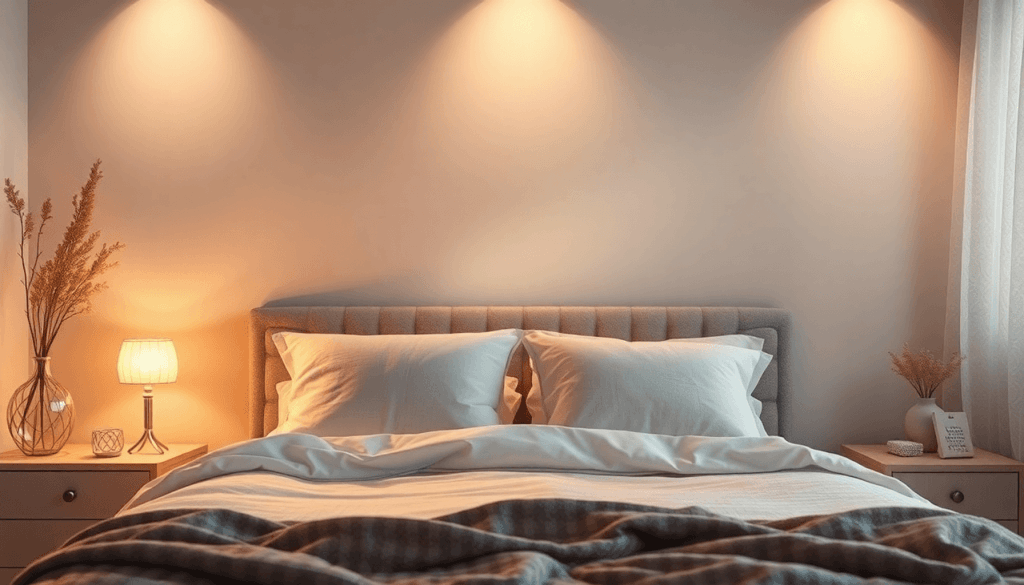 Quarto acolhedor com uma cama bem feita, duas almofadas e uma manta macia. Abraça o sutil erotismo da iluminação quente de um candeeiro de mesa-de-cabeceira e plantas decorativas sobre mesas laterais, criando um refúgio íntimo. Quarto acolhedor com uma cama bem feita, duas almofadas e uma manta macia. Abraça o sutil erotismo da iluminação quente de um candeeiro de mesa-de-cabeceira e plantas decorativas sobre mesas laterais, criando um refúgio íntimo.