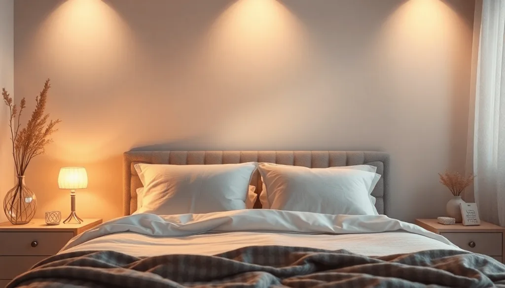 Quarto acolhedor com uma cama bem feita, duas almofadas e uma manta macia. Abraça o sutil erotismo da iluminação quente de um candeeiro de mesa-de-cabeceira e plantas decorativas sobre mesas laterais, criando um refúgio íntimo.